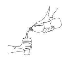 un disegno continuo di una linea umana sta raccogliendo un bicchiere d'acqua dalla bottiglia di plastica. bevanda minerale naturale fresca. bicchiere e bottiglia che tengono in mano. illustrazione grafica vettoriale di disegno a linea singola