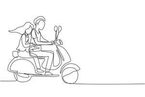 una coppia di disegno a tratteggio continuo in sella a una motocicletta. l'uomo che guida lo scooter e la donna sono passeggeri mentre si abbracciano. guidando per la città. guidare in modo sicuro. illustrazione grafica vettoriale di disegno a linea singola