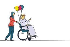 concetto di persone con disabilità di disegno a linea continua. la donna araba trasporta l'uomo disabile in sedia a rotelle. accessibilità, riabilitazione persona invalida, attività delle persone. vettore di disegno a linea singola