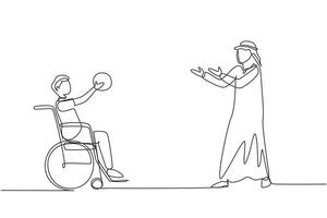 singolo disegno a tratteggio gioioso giovane arabo disabile in sedia a rotelle che gioca a basket. concetto di sport adattivo per disabili. illustrazione vettoriale grafica di disegno a linea continua