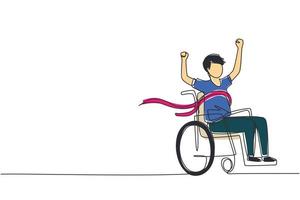 un disegno continuo di una linea maschio giovane utente di sedia a rotelle che attraversa il traguardo rosso. felice vincitore, campione di successo. società, comunità dei disabili. illustrazione vettoriale di disegno a linea singola