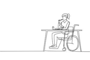 un disegno continuo di una linea femminile giovane utente di sedia a rotelle che mangia cibo seduto al tavolo. pranzare, fare uno spuntino al bar. società e persone disabili. illustrazione grafica vettoriale di disegno a linea singola