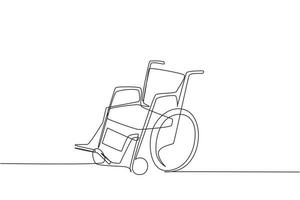 Sedia a rotelle con disegno a linea continua per persone con disabilità. dispositivo di trasporto carrozzina vuoto. oggetto di terapia sanitaria disegnato a mano. illustrazione grafica vettoriale di disegno a linea singola