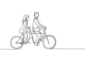 una linea continua disegnando una coppia araba romantica. la coppia sta guidando insieme la bicicletta in tandem. famiglia felice. l'intimità celebra l'anniversario di matrimonio. illustrazione grafica vettoriale di disegno a linea singola