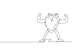 un'unica linea che disegna un organo cardiaco umano forte e sano. cuore con doppio bicipite, bodybuilder. sport e fitness per la salute. illustrazione vettoriale grafica moderna con disegno a linea continua