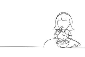 una sola linea di disegno bambina che mangia insalata di verdure fresche e mostra il segno del pollice in su. bambino che mangia insalata. cibo sano per i bambini. illustrazione vettoriale grafica moderna con disegno a linea continua