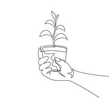 agronomo di disegno continuo di una linea che tiene piantine in vasi di torba. mani femminili che toccano le piante per piantare l'albero. la semina primaverile. illustrazione grafica vettoriale di disegno a linea singola