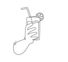 mano di disegno a linea continua singola che tiene il bicchiere con succo di frutta limonata. bevanda a base di succo di limone fresco. acqua succosa con paglia. tempo di relax. illustrazione vettoriale di un disegno grafico a una linea