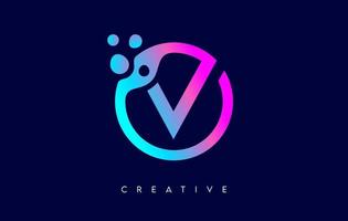 lettera v logo con punti e bolle all'interno di una forma circolare in viola colori neon vettore