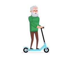 uomo più anziano divertente e in sella a uno scooter elettrico. viaggio maschile anziano su trasporto ecologico. vecchio nonno stile di vita sano. nonno in pensione che si trasferisce. allegro pensionato anziano tempo libero. vettore nonno attivo