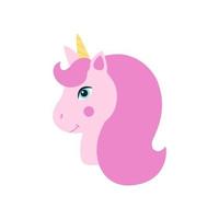 testa di unicorno rosa con criniera e corno giallo. carino fantasia unicorno, favola per il bambino. Illustrazione vettoriale su sfondo bianco