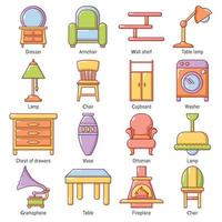 set di icone di mobili interni, stile cartone animato vettore