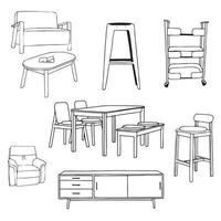 set di mobili collezione delineata disegno. schizzo di doodle disegnato a mano su un'illustrazione di vettore del fondo bianco
