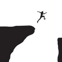 uomo che salta sopra l'abisso, tra la collina. , salta sulla scogliera. stile di illustrazione vettoriale, su sfondo bianco vettore