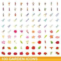 100 icone del giardino impostate, stile cartone animato vettore