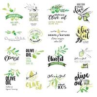 set di etichette ad acquerello disegnate a mano ed elementi di olio d'oliva. illustrazioni vettoriali per etichette di olio d'oliva, packaging design, prodotti naturali, ristorante.