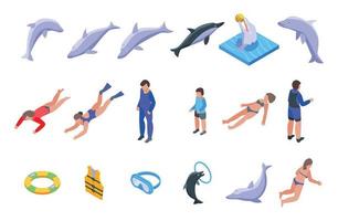 nuotare con i delfini set di icone, stile isometrico vettore