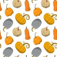 zucca disegnata a mano in stile cartone animato. modello senza cuciture di vettore. tessuto carino con motivo autunnale. design per biglietto di auguri e invito di vacanze autunnali stagionali, halloween, thsanksgiving, raccolto vettore