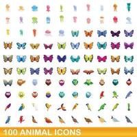 100 icone animali impostate, stile cartone animato vettore