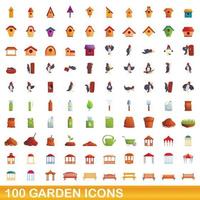 100 icone del giardino impostate, stile cartone animato vettore