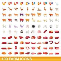 100 icone di fattoria impostate, stile cartone animato vettore