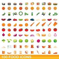 100 icone di cibo impostate, stile cartone animato vettore
