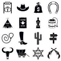 icone semplici nere del cowboy del selvaggio west vettore