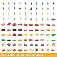 100 set di icone di eccesso di cibo, stile cartone animato vettore