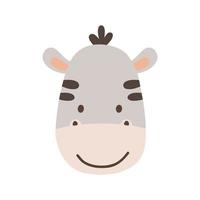 carino ritratto testa di zebra in stile piatto. disegno volto animale isolato su bianco. illustrazione vettoriale per poster e carta per bambini. animale della giungla