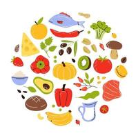un insieme di prodotti in un cerchio, cibo sano. frutta, verdura e noci. illustrazione vettoriale piatta del fumetto isolata su sfondo bianco.