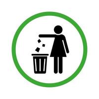 mantieni l'icona pulita. consentito gettare la spazzatura nel cestino. gettare i rifiuti nell'icona verde della siluetta del bidone. pittogramma del glifo dei rifiuti di smaltimento. donna ordinata gettare spazzatura può firmare. illustrazione vettoriale isolata.