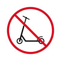 nessun segno consentito di scooter da calcio. gestire l'icona della siluetta nera del divieto della bici. pittogramma di bicicletta con ruota motrice a spinta vietata. simbolo di stop rosso trotinette. monopattino vietato. illustrazione vettoriale isolata.