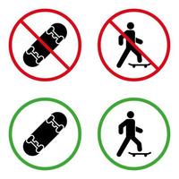 pittogramma proibito uomo su skateboard. persona consentita sullo skate board cerchio verde simbolo. nessun segno di skateboard. voce con set di icone di sagoma nera di trasporto eco. illustrazione vettoriale isolata.