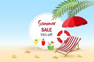 promozione sconto saldi estivi sulla spiaggia. shopping online, banner per campagne di marketing, template web e pubblicità. vettore