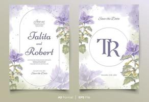 modello di invito a nozze ad acquerello con ornamento floreale viola e verde vettore