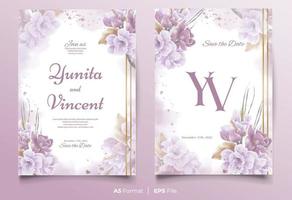 modello di invito a nozze ad acquerello con ornamento di fiori viola vettore