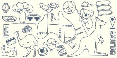 disegno a mano doodle elementi di viaggio per l'attrezzatura turistica australiana vettore