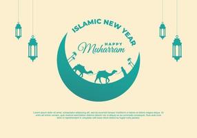 festival islamico di muharram del nuovo anno con lanterne verdi, cammello uomo vettore