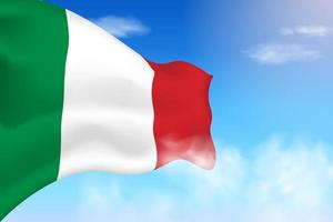bandiera dell'italia tra le nuvole. bandiera vettoriale che sventola nel cielo. illustrazione realistica della bandiera della giornata nazionale. vettore di cielo blu.