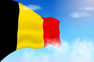 bandiera del Belgio tra le nuvole. bandiera vettoriale che sventola nel cielo. illustrazione realistica della bandiera della giornata nazionale. vettore di cielo blu.