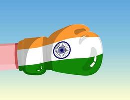 bandiera dell'india sul guantone da boxe. confronto tra paesi con potere competitivo. atteggiamento offensivo. separazione dei poteri. design pronto per il modello. vettore