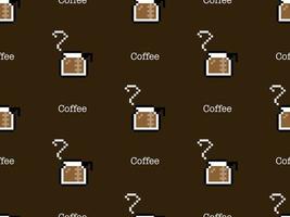 modello senza cuciture del personaggio dei cartoni animati del caffè su fondo nero. stile pixel vettore