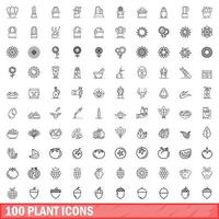 100 icone di piante impostate, stile contorno vettore