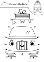 vettore campeggio attività punto a punto e colore con simpatico furgone turistico kawaii con valigie. campo estivo collega il gioco dei puntini per bambini con l'auto. divertente adorabile viaggio su strada da colorare per bambini.