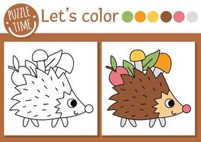 pagina da colorare foresta per bambini. riccio divertente che trasporta mela e funghi. illustrazione di contorno vettoriale con simpatico animale del bosco. libro a colori estivo per bambini con esempio colorato