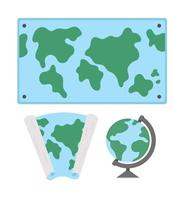 mappe del mondo vettoriali e illustrazione del globo. raccolta di cartelli in aula. torna a scuola clipart educative. concetti di classe di geografia