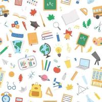 ritorno a scuola vettore modello senza cuciture. carta digitale educativa. graziosi oggetti di classe in stile piatto che ripetono lo sfondo con forniture, edificio scolastico, autobus, icone per soggetti, libri, articoli di cancelleria.