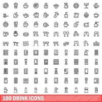 100 icone di bevande impostate, stile contorno vettore