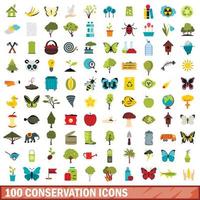 100 icone di conservazione impostate, stile piatto vettore
