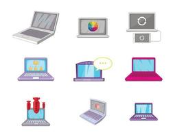 set di icone per laptop, stile cartone animato vettore